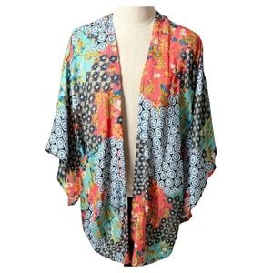 Ces Femme Women's SMALL Blue Floral Kimono 3/4 Sleeve Open Front Semi-Sheer